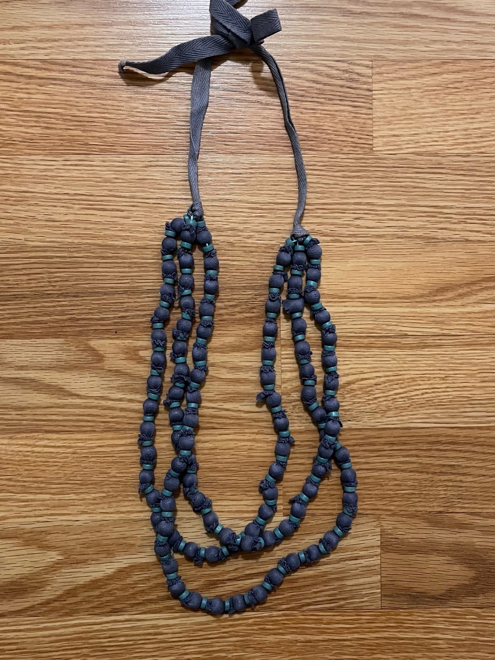 Anthropologie Blue Fabric Wooden Bead Layered Necklace with Green Accents